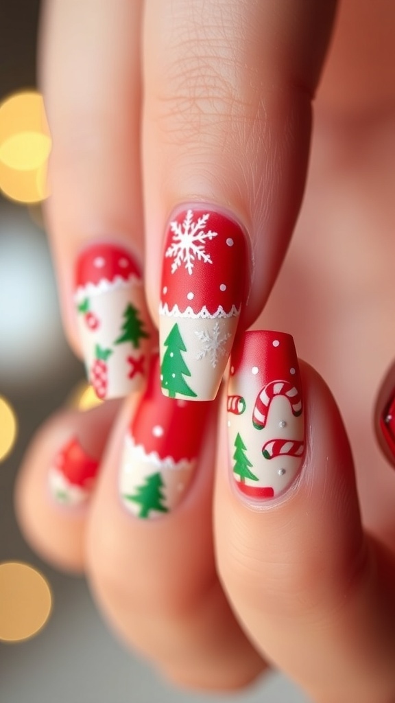 Festive Short Christmas Acrylic Nails Close-up of short Christmas acrylic nails with festive designs in red and green.